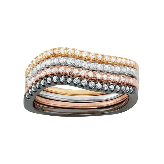 Designs By Gioelli Multi Tone Sterling Silver Cubic Zirconia Swirl Stack Ring Set 3 Designs By Gioelli Multi Tone Sterling Silver Cubic Zirconia Swirl Stack Ring Set
