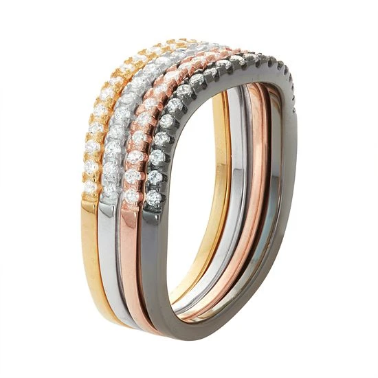 Designs By Gioelli Multi Tone Sterling Silver Cubic Zirconia Swirl Stack Ring Set 4 Designs By Gioelli Multi Tone Sterling Silver Cubic Zirconia Swirl Stack Ring Set - Image 2
