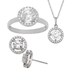 Designs By Gioelli 14k Gold Over Sterling Silver Cubic Zirconia Halo Pendant Necklace, Stud Earring & Ring Set