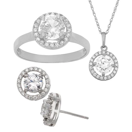 Designs By Gioelli 14k Gold Over Sterling Silver Cubic Zirconia Halo Pendant Necklace, Stud Earring & Ring Set 3 Designs By Gioelli 14k Gold Over Sterling Silver Cubic Zirconia Halo Pendant Necklace, Stud Earring & Ring Set
