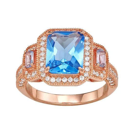 Designs By Gioelli 14k Rose Gold Plated Silver Simulated Gemstone Halo Ring Aquamarine 3 Designs By Gioelli 14k Rose Gold Plated Silver Simulated Gemstone Halo Ring Aquamarine