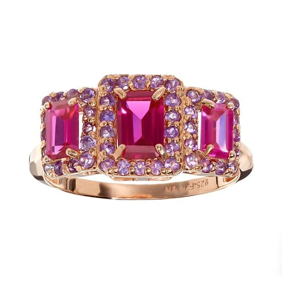 Designs By Gioelli Lab-Created Ruby And Amethyst 14k Rose Gold Over Silver Rectangle Halo Ring 3 Designs By Gioelli Lab-Created Ruby And Amethyst 14k Rose Gold Over Silver Rectangle Halo Ring
