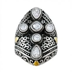 Designs By Gioelli Two Tone Sterling Silver Faceted Stone & Filigree Cross Ring
