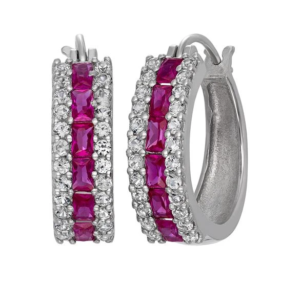 Designs By Gioelli Sterling Silver Lab-Created Ruby And Lab-Created White Sapphire Hoop Earrings 3 Designs By Gioelli Sterling Silver Lab-Created Ruby And Lab-Created White Sapphire Hoop Earrings