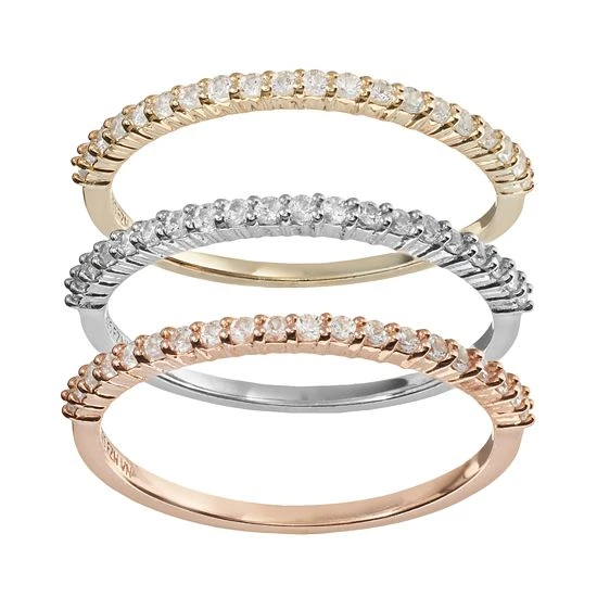 Designs By Gioelli Lab-Created White Sapphire Two Tone 14k Gold Over Silver And Sterling Silver Stack Ring Set 3 Designs By Gioelli Lab-Created White Sapphire Two Tone 14k Gold Over Silver And Sterling Silver Stack Ring Set