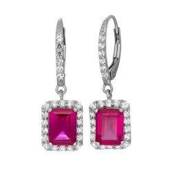 Designs By Gioelli Sterling Silver Lab-Created Ruby And Lab-Created White Sapphire Rectangular Halo Drop Earrings