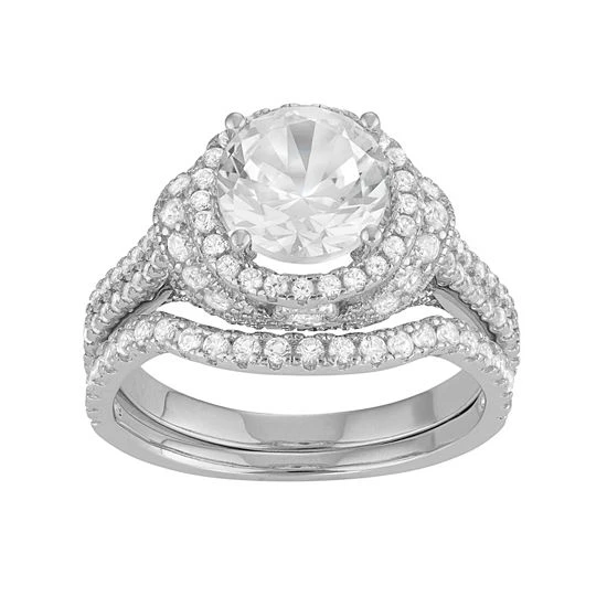 Designs By Gioelli Sterling Silver Lab-Created White Sapphire Halo Engagement Ring Set 3 Designs By Gioelli Sterling Silver Lab-Created White Sapphire Halo Engagement Ring Set