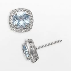 Designs By Gioelli Sterling Silver Lab-Created Aquamarine And Lab-Created White Sapphire Halo Stud Earrings